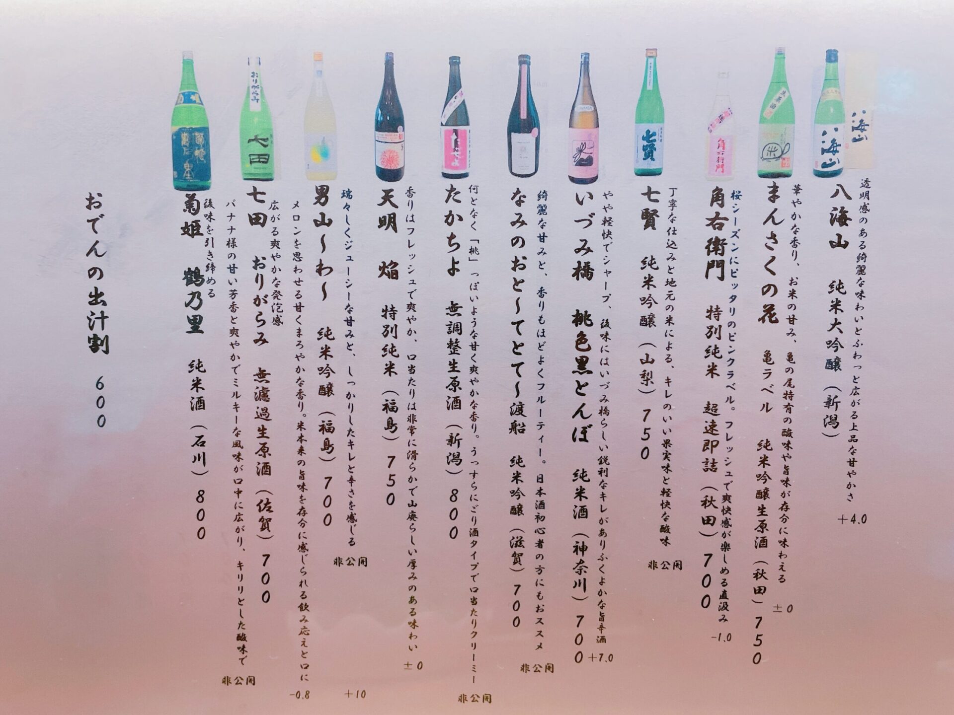 「お酒処こてまり」の日本酒メニュー