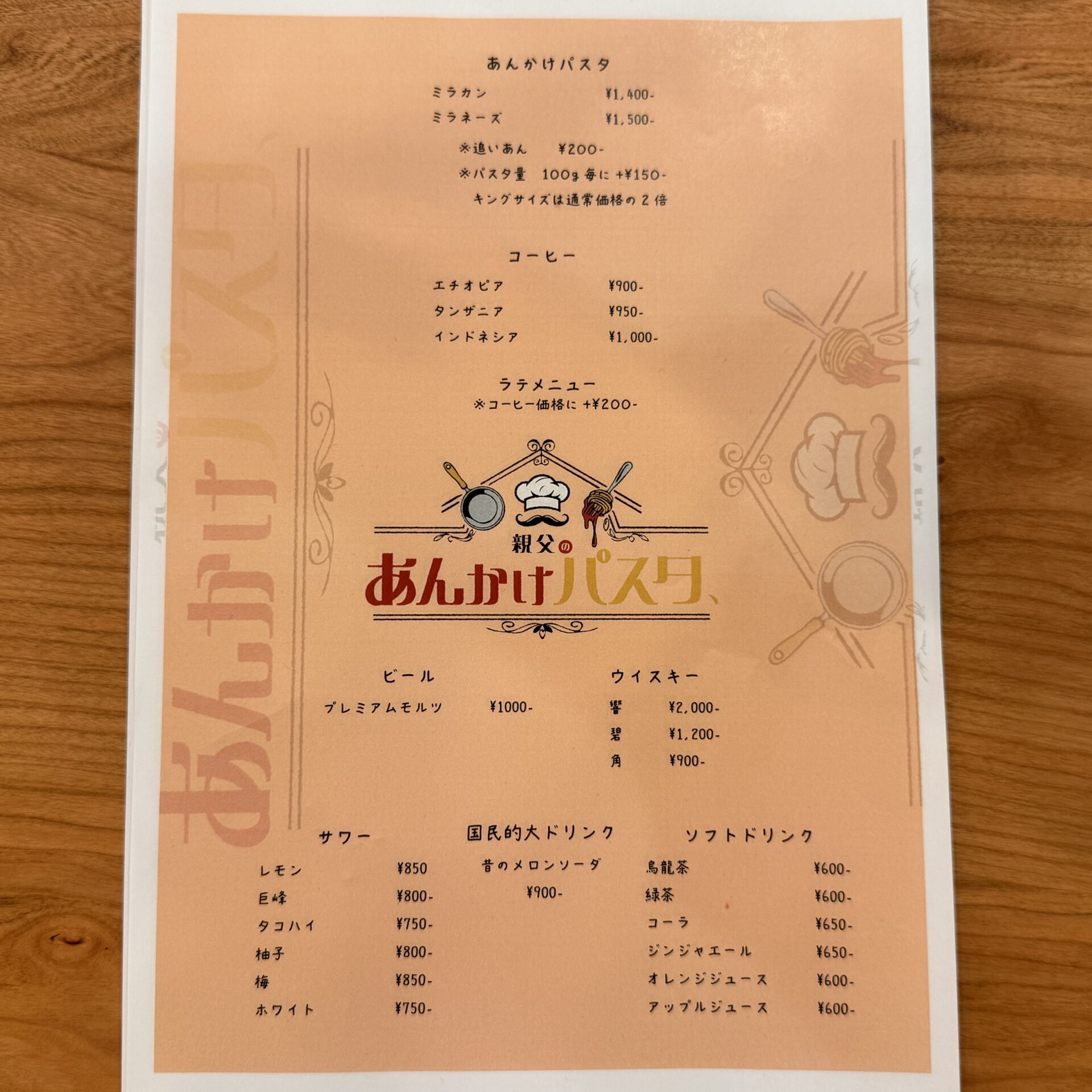 親父のあんかけパスタのメニュー(仮)